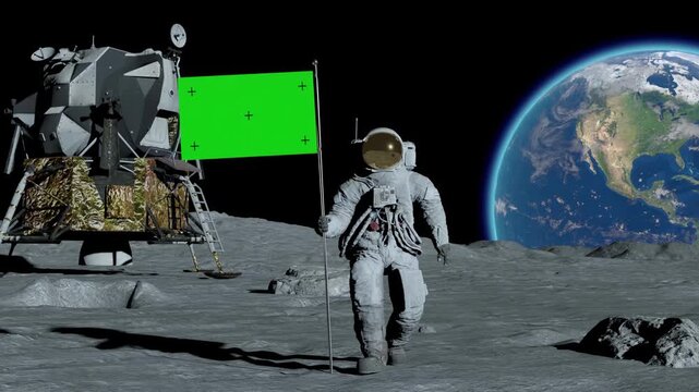 Lunar astronaut walks on the moon with green screen flag, placing a flag pole on the Moon surface, and salutes. You can track and add your flag with your logo. 3d rendering animation.