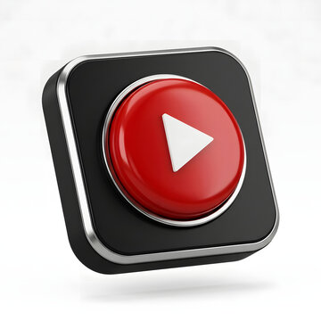 Glossy red play button icon set on a black square background with metallic silver trim captured in high definition 3d