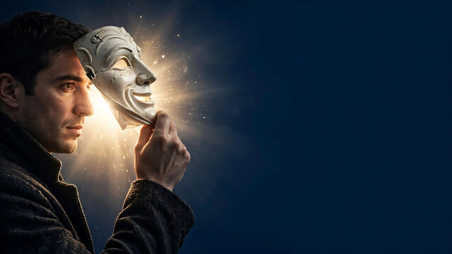 A mysterious man holding a glowing white mask against a dark background, exploring themes of identity and duality.