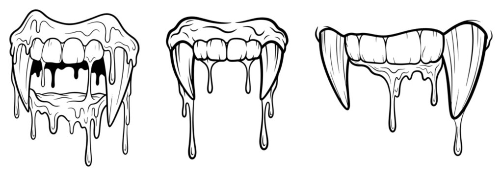 Vampire fangs with dripping liquid and sharp canine teeth in hand drawn tattoo style