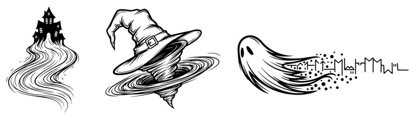 Haunted house and flying ghost with magic witch hat in spooky halloween style © Kumamoto