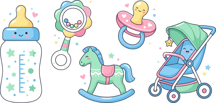 Cute Pastel Baby Care and Toy Vector Illustration Set Featuring Feeding Bottle, Rattle, Pacifier, Rocking Horse, and Stroller Carriage Graphics for New Born Designs,