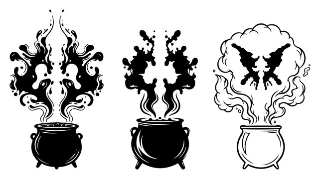Magic cauldrons with bubbling potion and ink blot smoke in mystical style