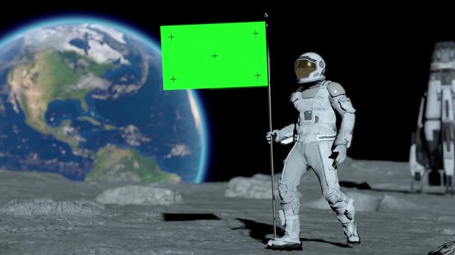 Sci-fi Lunar astronaut walks on the moon with green screen flag, placing a flag pole on the Moon surface, and salutes. You can track and add your flag with your logo. 3d rendering animation.