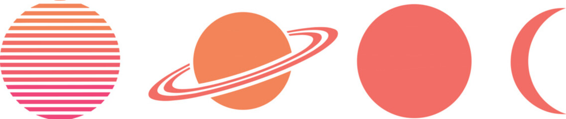 Retro, synthwave, sun, saturn, planet, moon, celestial, objects, gradient, stripes, space, cosmic, elements, icons, logo, design, isolated, on, white, background © MstSumi