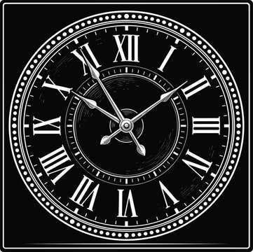 Vintage luxury watch dial vector design featuring antique roman numerals on a black square background clock face graphic