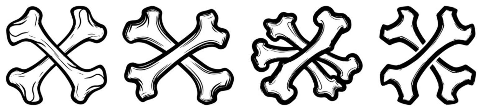 Crossed bones icon set with various stroke weights for halloween and pirate themes in simple line art style