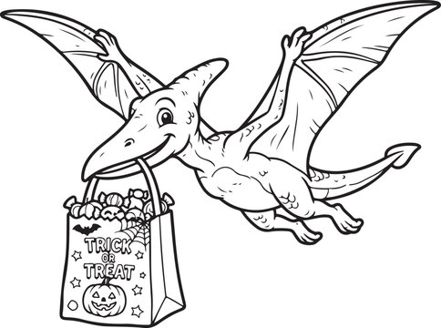 Cute pterodactyl flying with candy bag. Cartoon dinosaur for Halloween trick or treat., Generative Ai