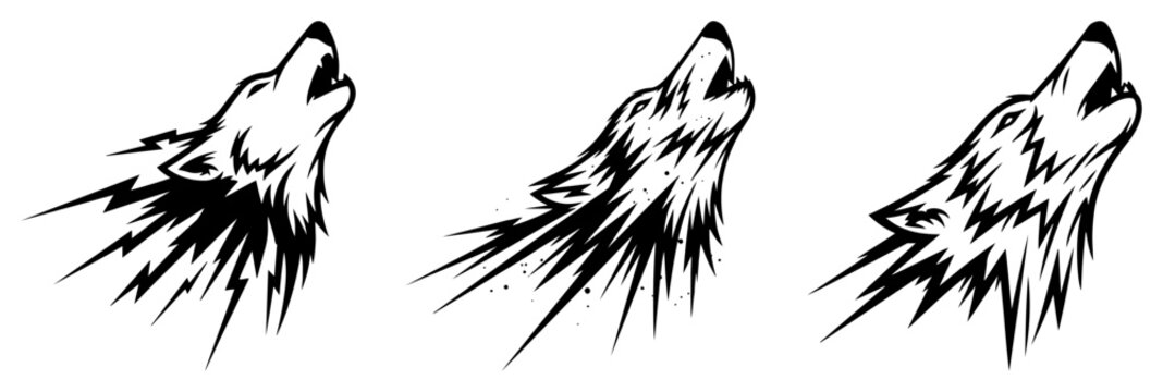 Wolf head silhouettes with sharp jagged fur and howling expression in dynamic style