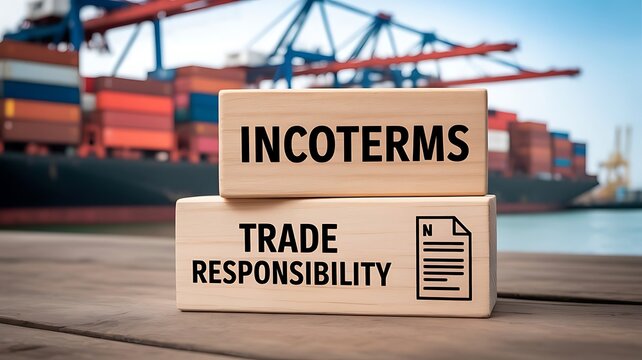 Wooden blocks with incoterms and trade responsibility text placed on a wooden surface with a large shipping container vessel in the background