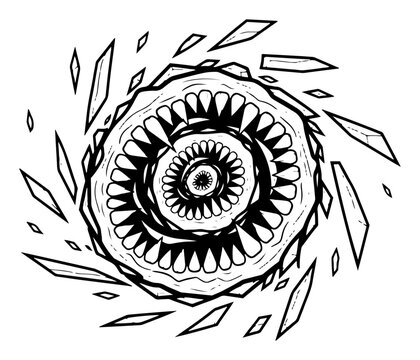 Monster maw with rows of sharp teeth and flying debris in aggressive circular style