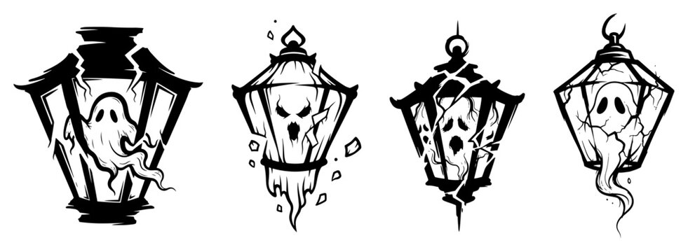 Cracked lanterns containing ghostly spirits and phantoms in dark engraving style