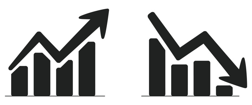 Graph icon featuring upward and downward bar charts with green and red arrows, business analytics, financial growth, sales decline, and performance report symbols