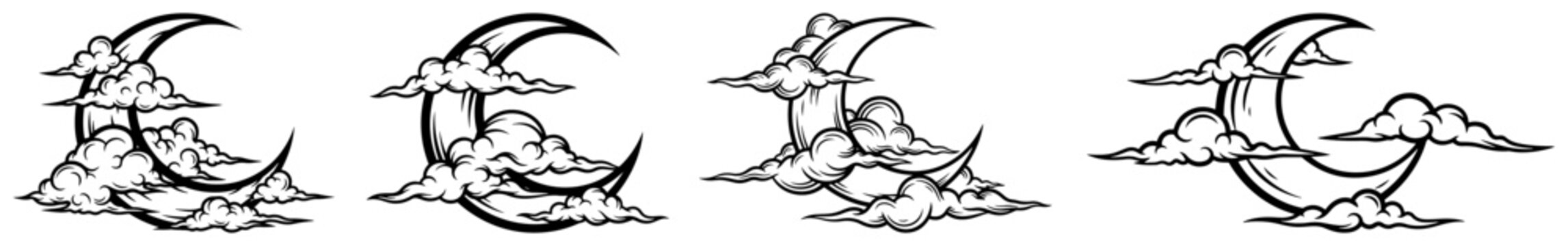 Crescent moon with fluffy clouds in vintage engraving style