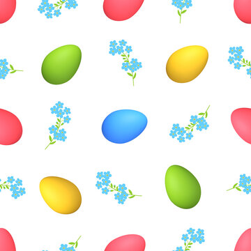 Color Easter eggs and blue flowers isolated on a transparent background. Seamless pattern, 3d rendered, png. Easter background for paper, cover, textile, gift wrap, packaging.