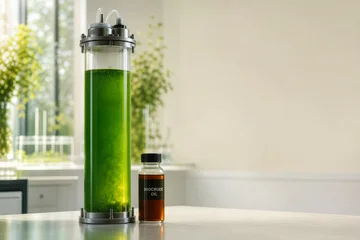 Transparent cylindrical microalgae photobioreactor with emerald algae culture and amber biocrude oil vial for biofuel and sustainable biotechnology concept carbon negative renewable energy © Bartek