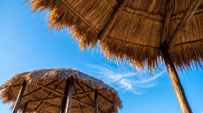 Straw beach umbrellas thatch palapas under clear blue sky on sunny summer day
