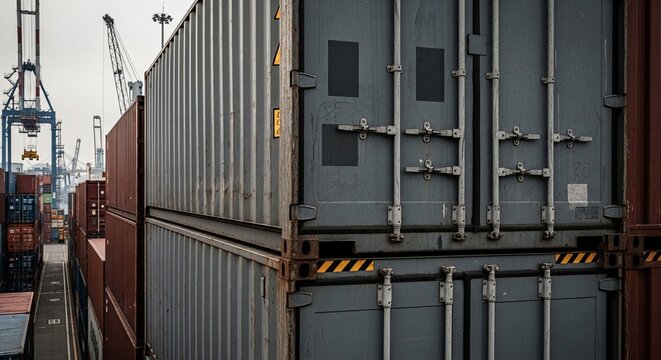 Close-up view of stacked industrial shipping containers in a logistics yard, showcasing industrial transport and storage.