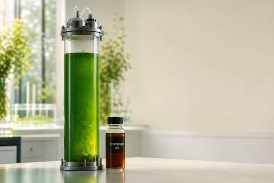 Transparent cylindrical microalgae photobioreactor with emerald algae culture and amber biocrude oil vial for biofuel and sustainable biotechnology concept carbon negative renewable energy