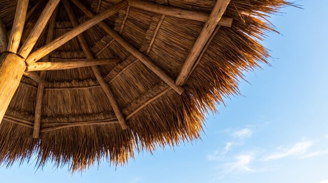 Traditional straw beach umbrella under a clear blue sky on a sunny tropical vacation