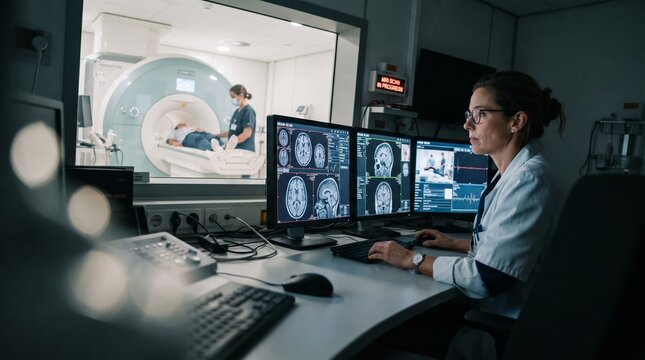 Female Radiologist Monitoring Patient During Magnetic Resonance Imaging Scan in Hospital