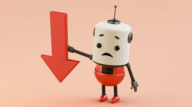 Sad Robot and Downward Arrow: A cute, cartoonish robot with a sad expression holds a large red arrow pointing downwards, symbolizing decline or failure.