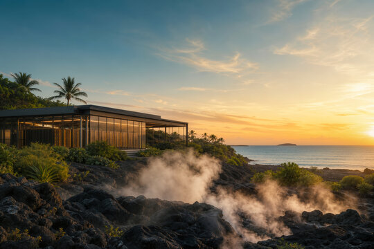 Volcanic island data center at golden hour with geothermal steam foreground secure sovereign data sanctuary powered by renewable geothermal energy and serene tropical landscape for privacy by design