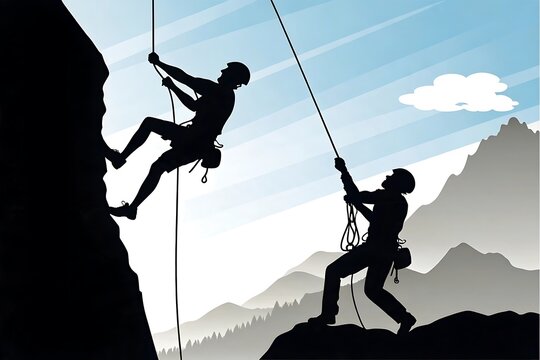 Two people rock climbing with safety ropes on a mountain