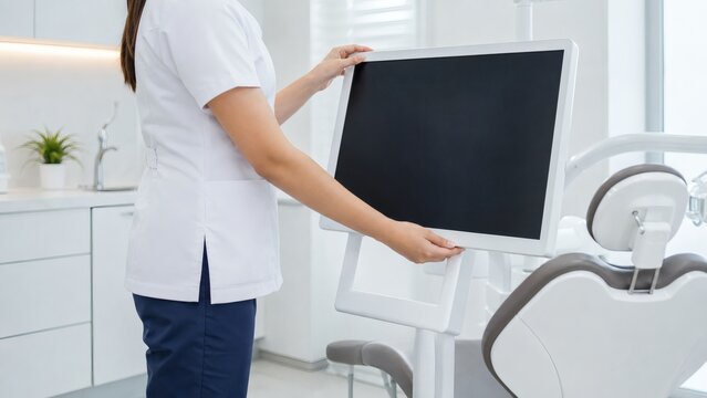 Dental hygienist adjusting digital monitor screen in dental office with dentistry hygienist technology healthcare