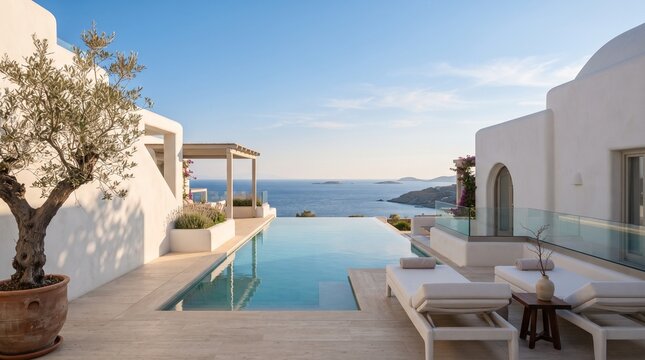 Minimalist Mediterranean white villa terrace with infinity pool and olive tree