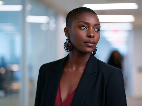 Portrait of a confident black businesswoman with a buzz cut wearing a black blazer and dark red top in a modern office hallway