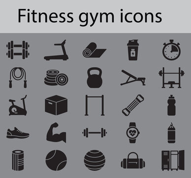 Set of black fitness gym icons showing various workout equipment and health training tools for exercise and physical activity