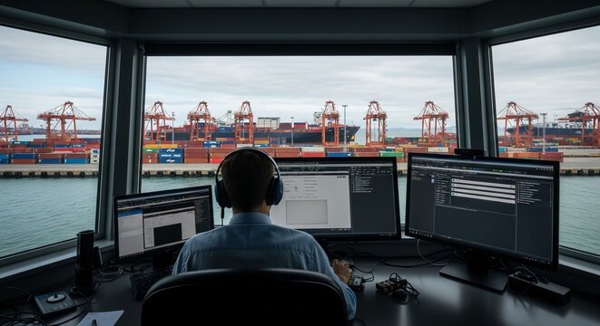 Port control tower operator monitors shipping operations with multiple screens overlooking busy cargo terminal