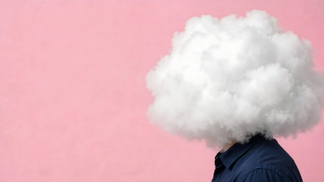 Creative conceptual photo of a person with a fluffy white cloud instead of a head against a pink background