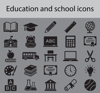 Set of black education and school icons including books pencil graduation cap globe calculator backpack and university building signs