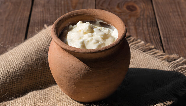 Traditional clay pot filled with fresh homemade yogurt or curd, placed on a rustic burlap cloth against a wooden table background