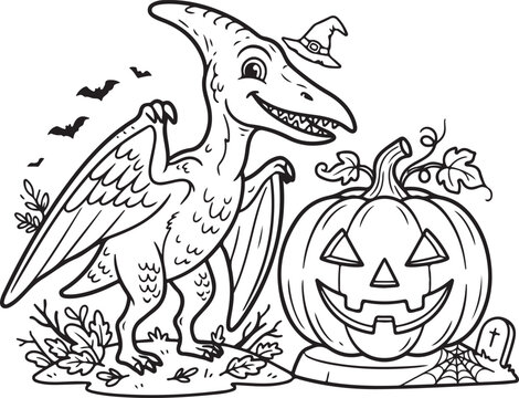 Halloween cartoon pterodactyl holding jack-o-lantern. Spooky flying dinosaur with carved pumpkin for festive holiday decoration., Generative Ai