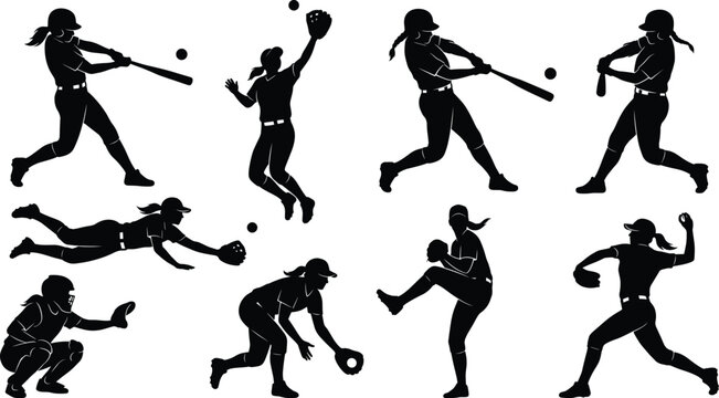 Softball player silhouette collection, female athlete icons, sports team action, batting, pitching, catching, sliding, game competition, championship, athletic match.