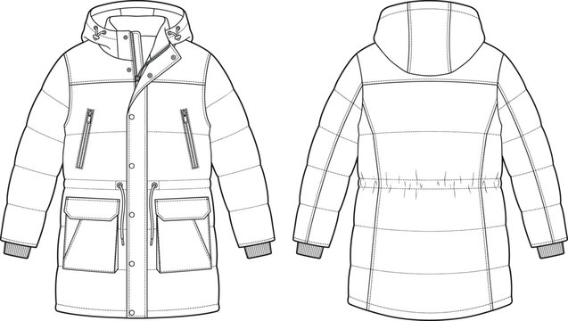 Hooded winter puffer parka jacket technical drawing fashion flat sketch vector template front and back view