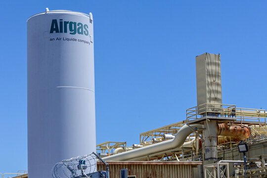 Airgas cryogenic storage tank at an industrial gas facility, illustrating industrial gas production, bulk storage, manufacturing, and process engineering