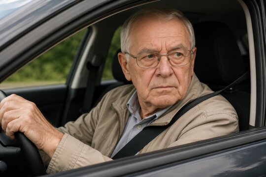 Confident senior male driver wearing a seatbelt while sitting in the car, safe transportation and mobility of elderly people