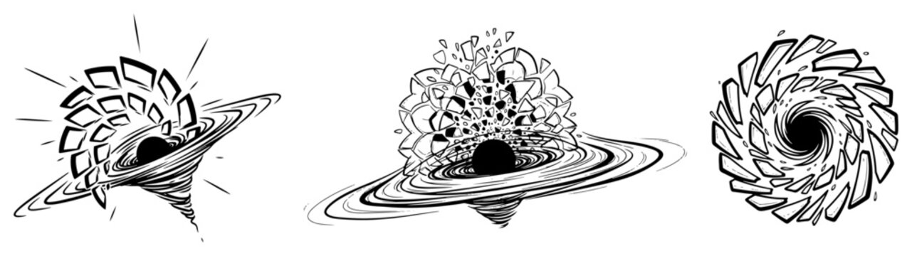 Black hole vortex and shattered matter cosmic explosion line art