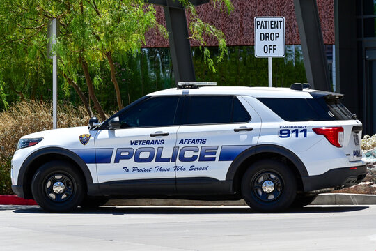 U.S. Department of Veterans Affairs Police patrol SUV parked outside a medical clinic, illustrating healthcare security, federal law enforcement, and public safety