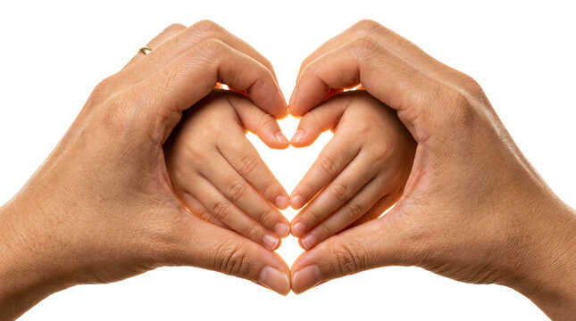 A loving gesture of a parent's hands embracing a child's tiny hands, forming a perfect heart shape, symbolizing unconditional love and familial bond.
