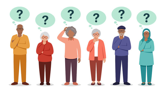 Senior citizens group thinking with colorful question marks.