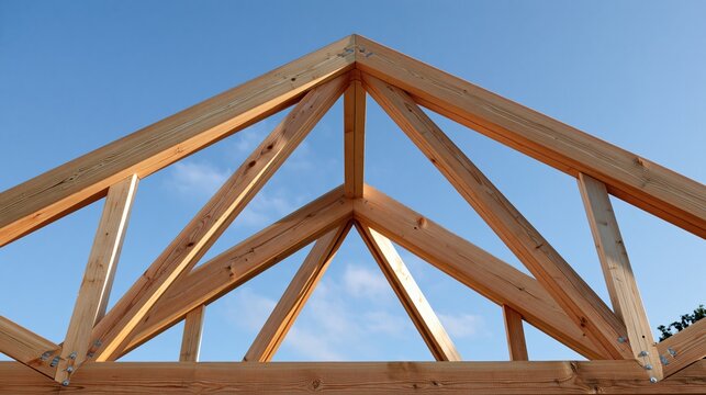 Wooden roof truss framework against a clear blue sky, symbolizing home construction and architectural design