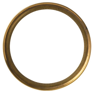 Antique round gilt picture frame with ornate detailed inner edge and weathered patina. Transparent background PNG mockup.