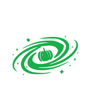 Green silhouette Halloween icon featuring a creepy carved pumpkin jack-o-lantern floating in a swirling magic galaxy vortex vector graphic design element