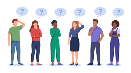 Obraz premium Diverse people standing with blue question bubbles.