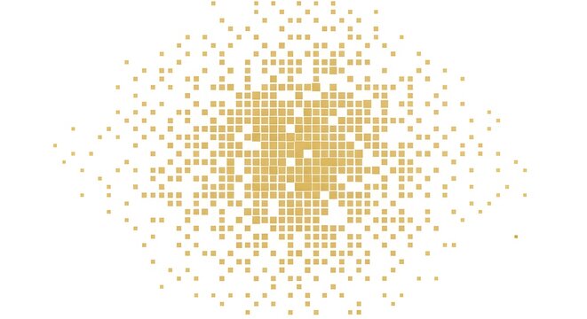Golden pixel mosaic abstract background, small warm gold squares dispersed with varying density fading